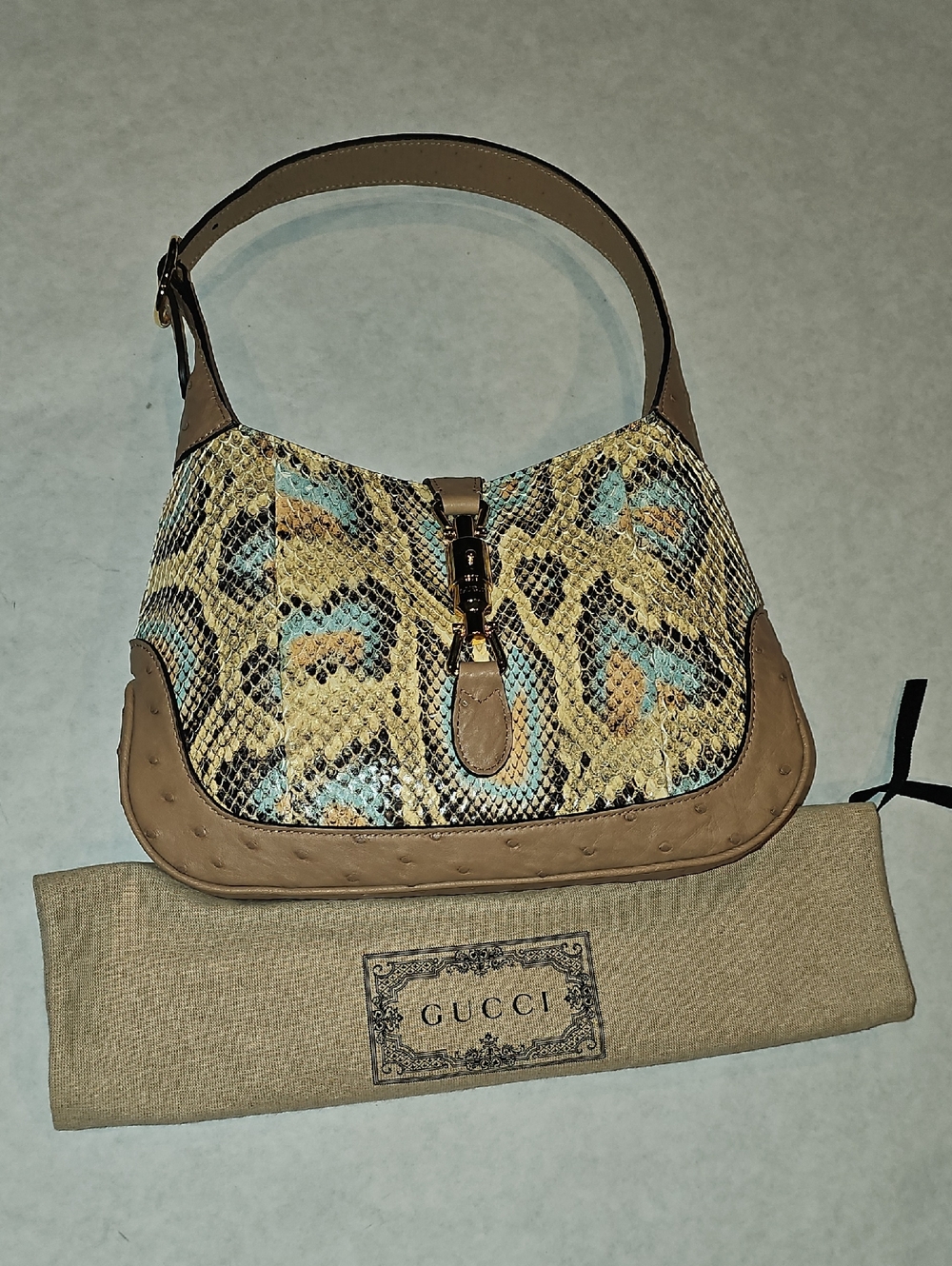 Gucci Ostrich - Skin   Shoulder Bag in Beige and Blue Accents